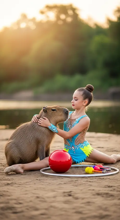 Professional Rhythmic Gymnast Girl with Capybara at Sunrise