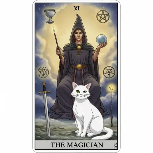 The Magician Tarot Card with White Cat - Mystical Ghibli Anime