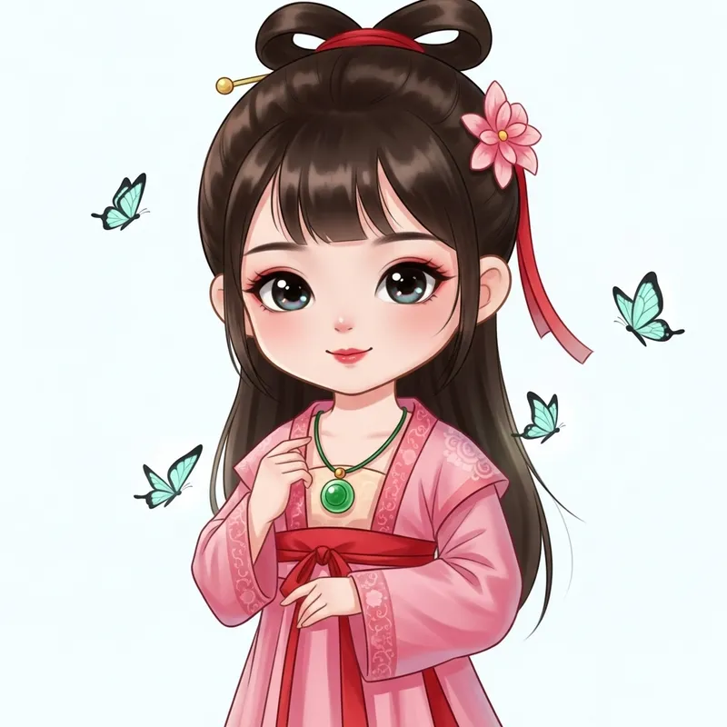 Enchanting Chibi Style Portrait of Young Asian Girl in Traditional Chinese Attire