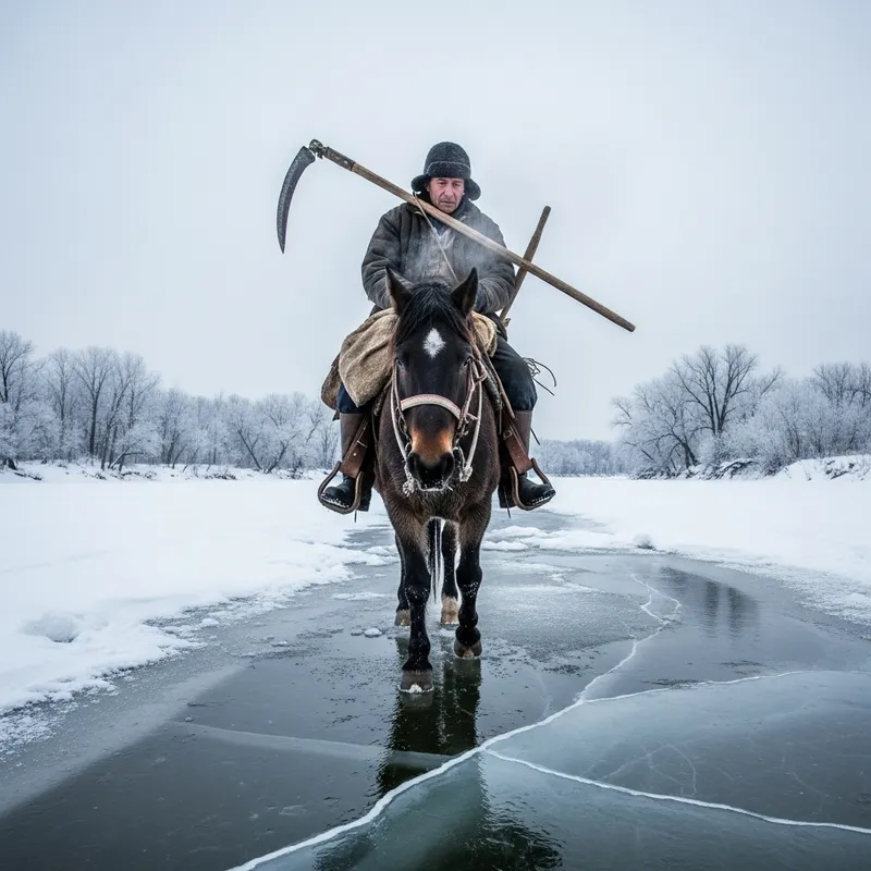 Symbolic Journey: Tired Worker Riding Horse on Frozen River Symbolic Journey: Tired Worker Riding Horse on Frozen River