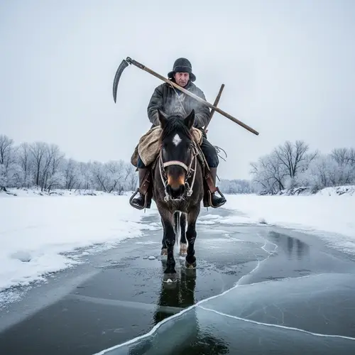 Symbolic Journey: Hispanic Worker Riding Horse on Icy River