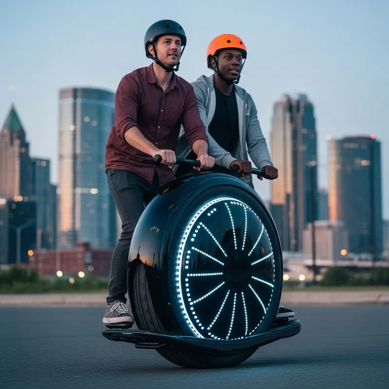 Two Men Ride on an Electric Mono-Wheel