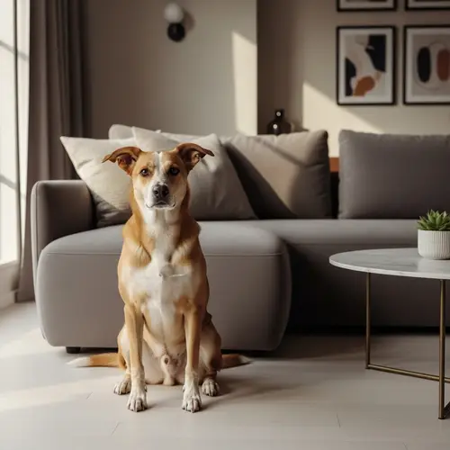 Medium-Sized Tan and White Dog beside Modern Grey Couch