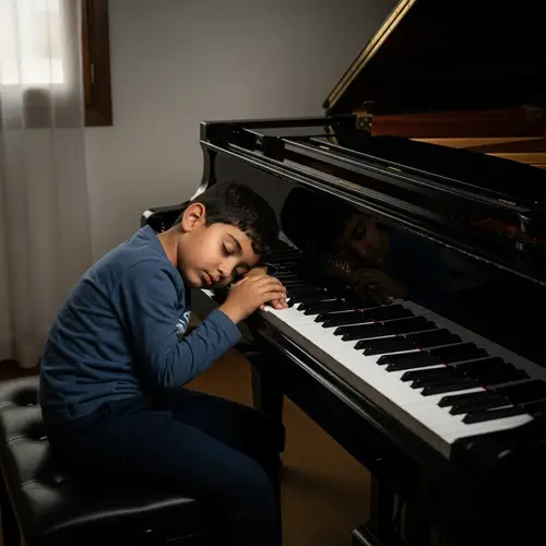 Peaceful Middle-Eastern Boy Sleeping Next to Grand Piano