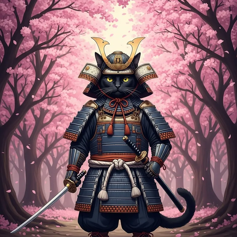 Black Cat Samurai in Tranquil Cherry Blossom Forest Black Cat Samurai in Tranquil Cherry Blossom Forest