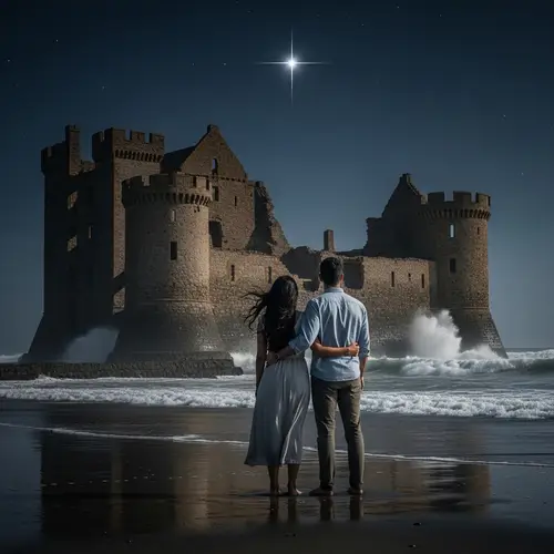 Beach Star Gazers with Castle Silhouette - Tranquil Night Scene