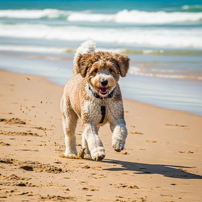 Vibrant Portuguese Water Dog Running on Sandy Beach Vibrant Portuguese Water Dog Running on Sandy Beach