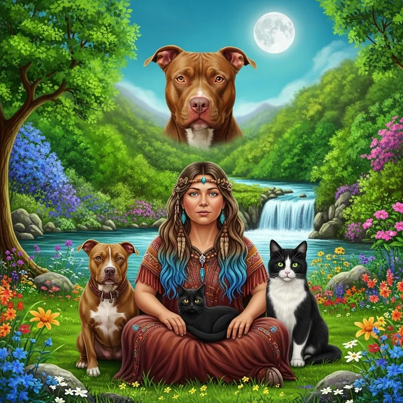 Mystical Scene with Shamanistic Woman and Pit Bull Dog