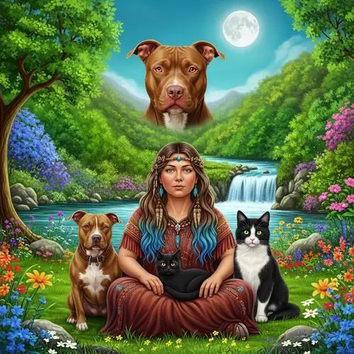 Spiritual Scene with Red-Nosed Pit Bull Dog and Shamanistic Woman