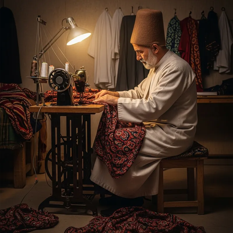 Mature Middle-Eastern Dervish Sewing - Traditional Craftsmanship