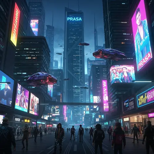 PRASA Futuristic Cyberpunk Cityscape: Neon Lights & Advanced Technology