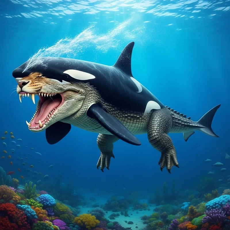 Unique Hybrid Creature: Orca with Crocodile Legs, Lioness Teeth, Shark Tail