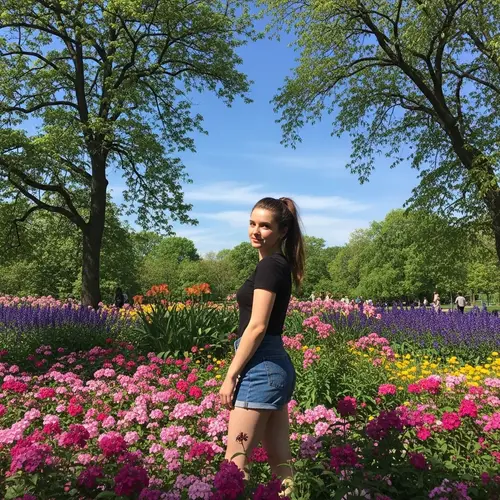 Young Woman Standing in Park with Blooming Flowers | Website Name
