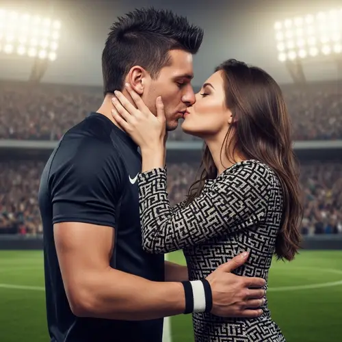 Emotional Soccer Player Kissed by Woman in Stylish Outfit at Stadium