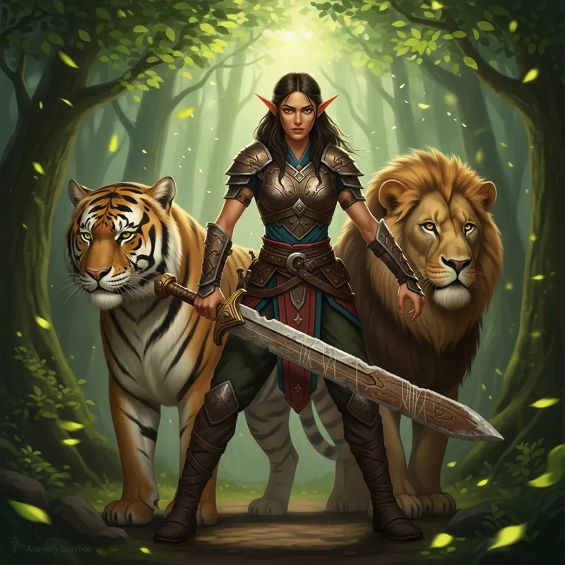 Female Elf with Wooden Sword and Big Cat in Forest