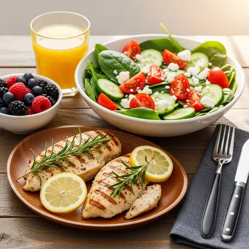 Healthy Meal with Grilled Chicken, Fresh Salad, and Berries