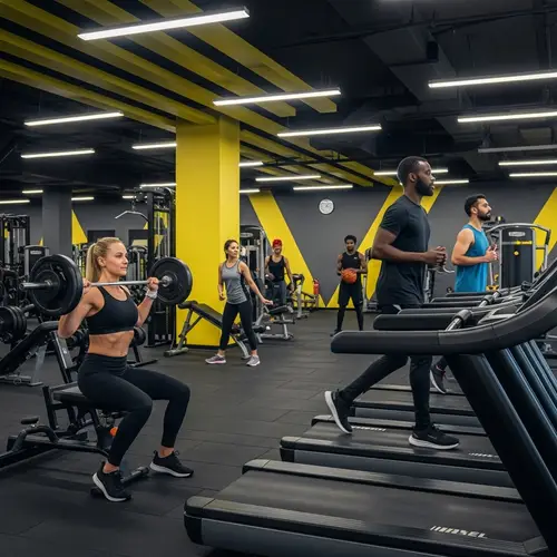 Diverse Gym Scene with Weightlifting, Jogging, and Basketball Activities