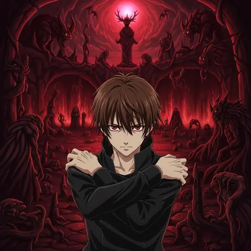 Haunting Anime Styled Man With Red Eyes in Dark Attire | Underworld Gaze