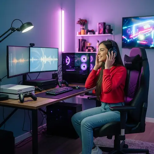 Hispanic Female Music Lover Immersed in Gaming Room Ambiance