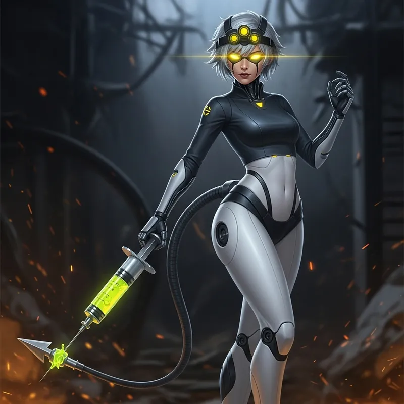 Female Demolition Drone with Yellow Neon Eyes and Silver Hair, Unique Features
