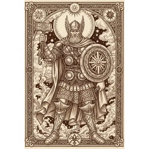 Thor-Inspired Medieval Figure in Armor Holding Hammer amidst Storms