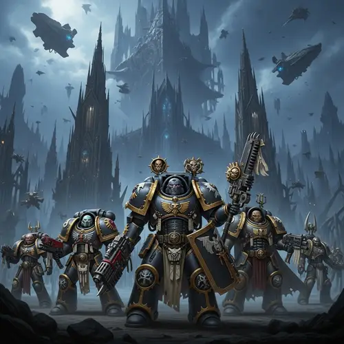 Gothic Sci-Fi Universe: Armored Figures Ready for Battle