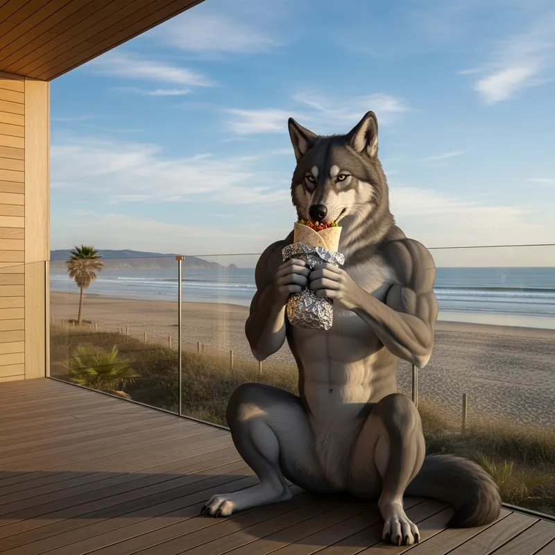 Fitness Wolf Eating Burrito on Beach House Terrace