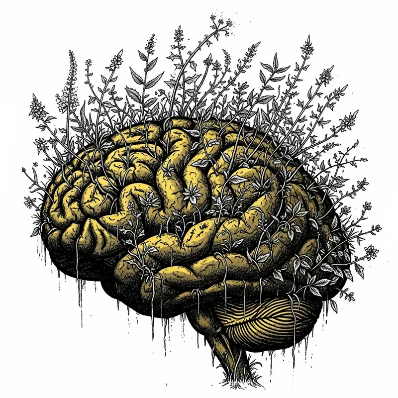 Brain Overwhelmed by Weeds: A Symbol of Negativity