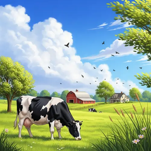 Idyllic Countryside Farm: Serene Pastoral Scene with Black and White Cow