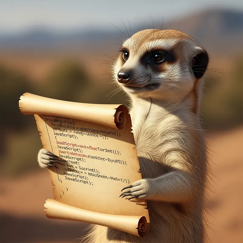 Thoughtful Meerkat Holding JavaScript Scroll | Website Name