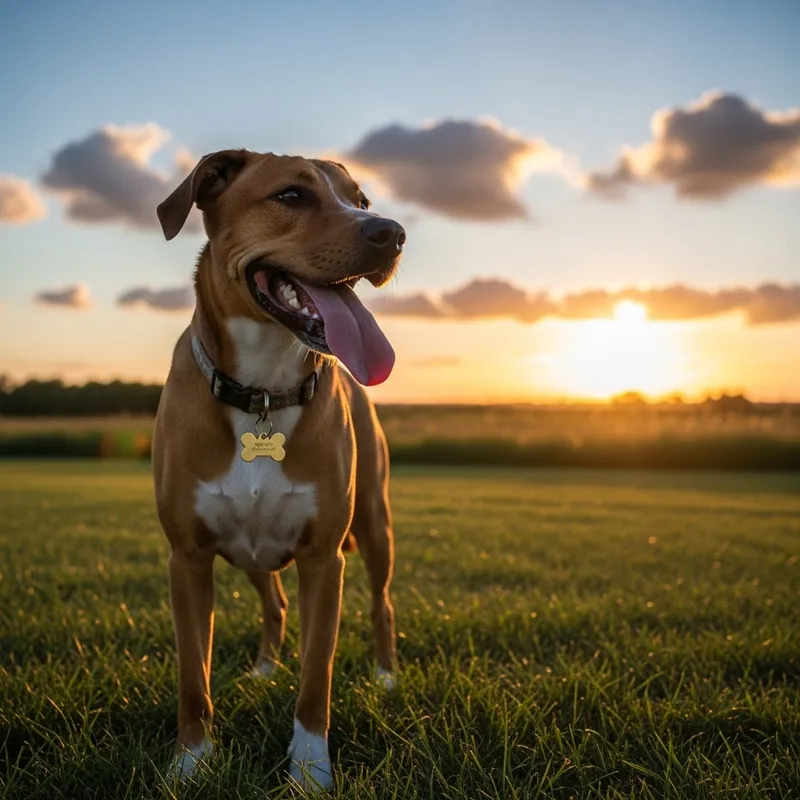 Dog in Sunset Grassy Field