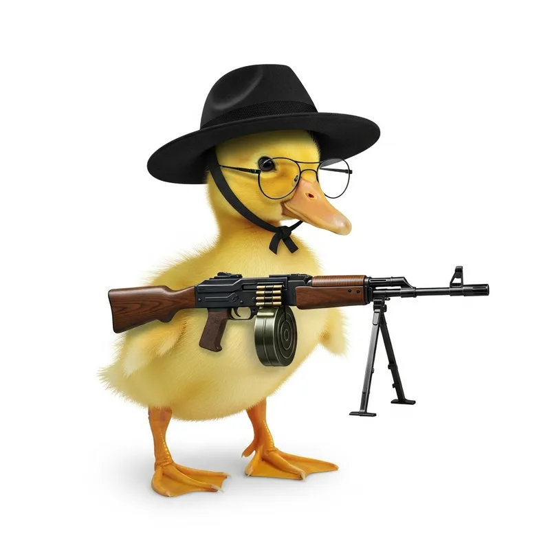 Cute Duckling Armed with a Mini Gun - Defending Mischief Cute Duckling Armed with a Mini Gun - Defending Mischief