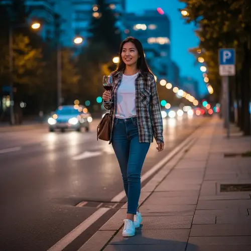 Stylish Korean Woman Enjoying City Lights After Social Gathering