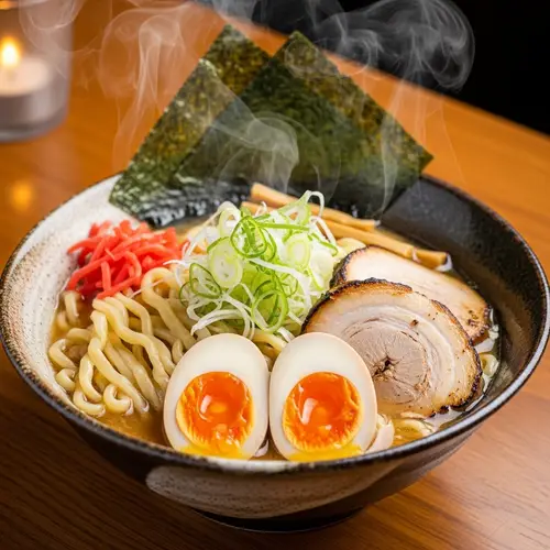 Delicious Ramen Bowl with Tender Meat and Fresh Vegetables