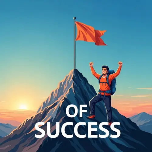 Triumphant Victory: Man Reaches Mountaintop Flag | Sunrise Scene