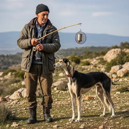 Elderly Middle-Eastern Man Fishing with Saluki Dog in Wilderness