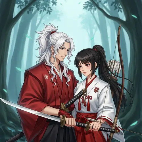 Ancient Japanese Couple in Romantic Forest - Kikyo and Inuyasha