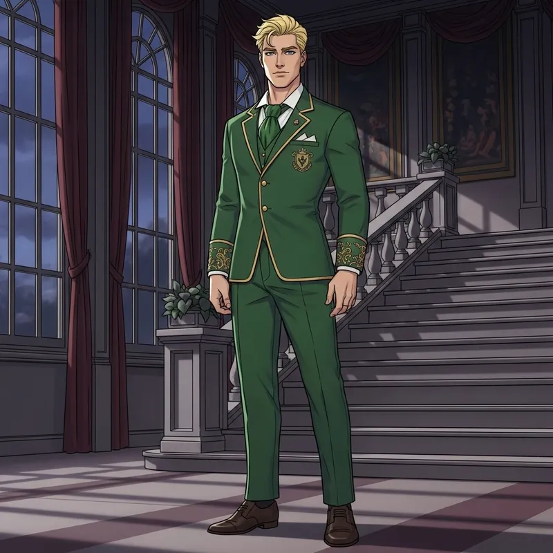 Young Blonde Prince in Elegant Green Attire