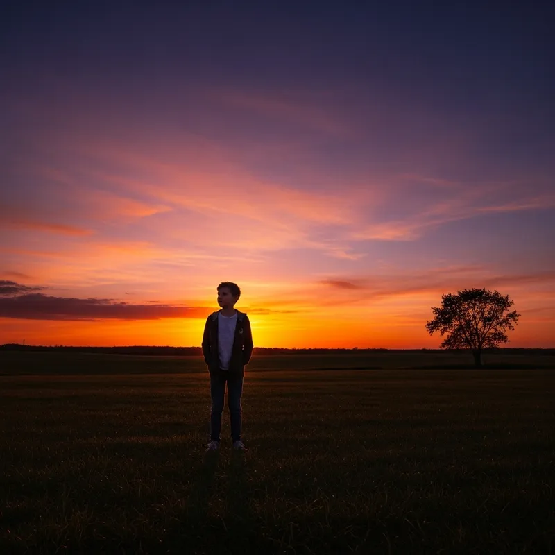 Young Boy Silhouetted Against Tranquil Sunset in Spacious Field