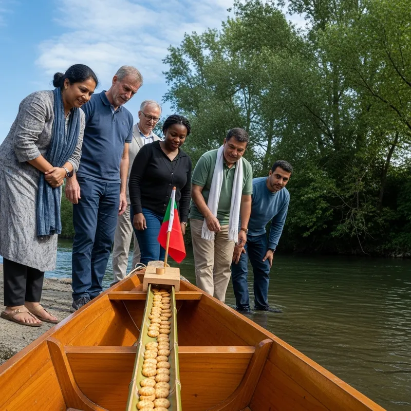 Diverse Adults Await Nagashi Somen Biscuits Delivery by Riverbank