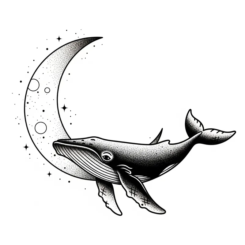 Crescent Moon and Whale Tattoo Sketch