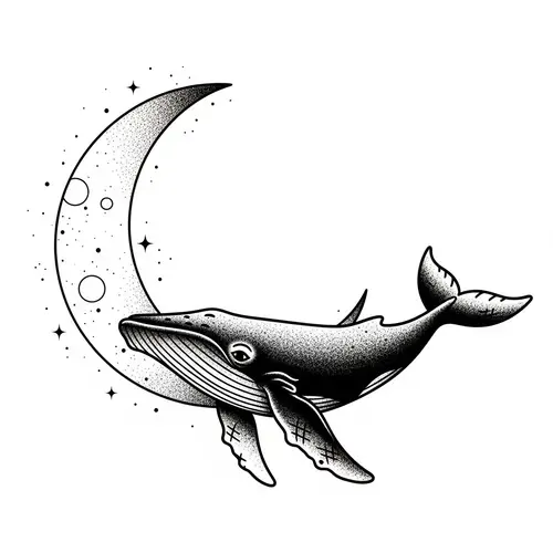 Crescent Moon and Whale Tattoo Design