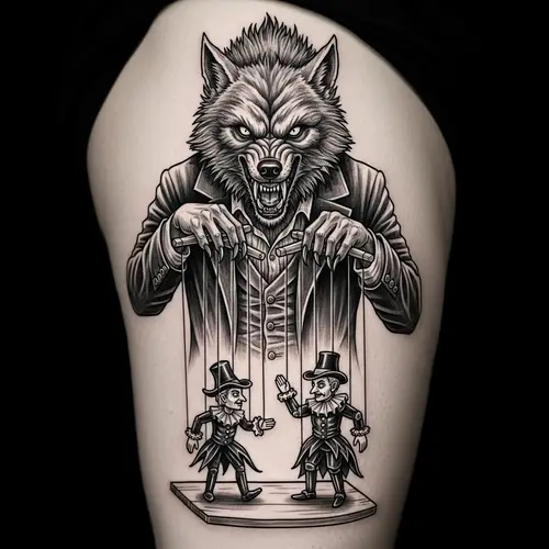 Werewolf Puppeteer Tattoo Design on Thigh - Detailed Sketch