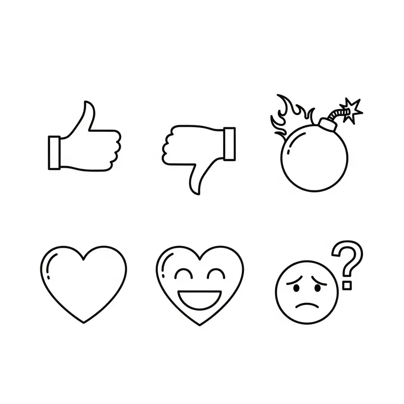 Elegant Iconography: Thumbs Up, Thumbs Down, Angry Bomb, Happy Heart, Confused Face