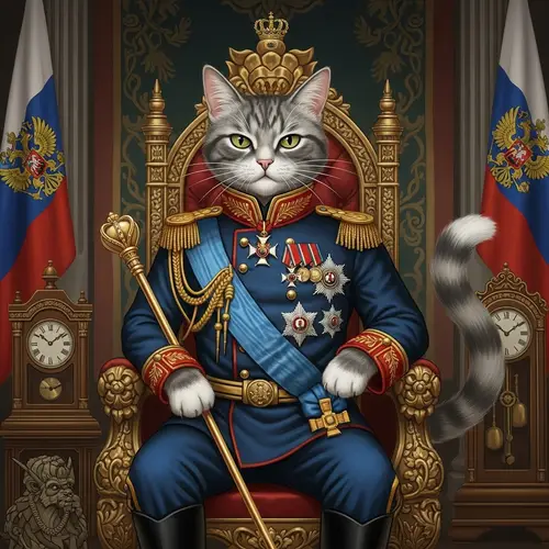 Regal Russian Empire General Cat on Throne