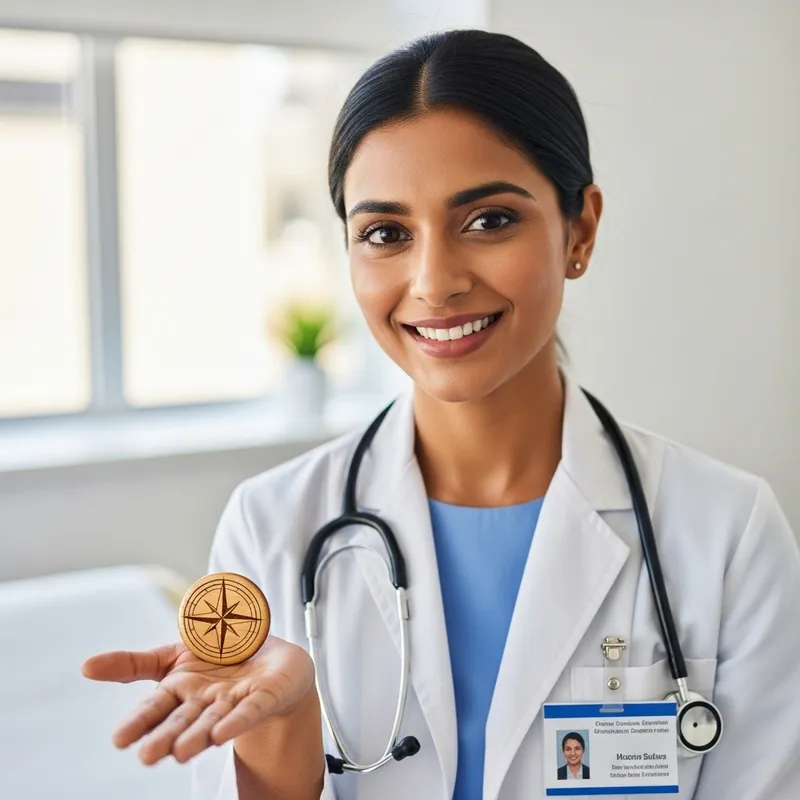 Beautiful Girl in White Medical Gown Smiling with Button