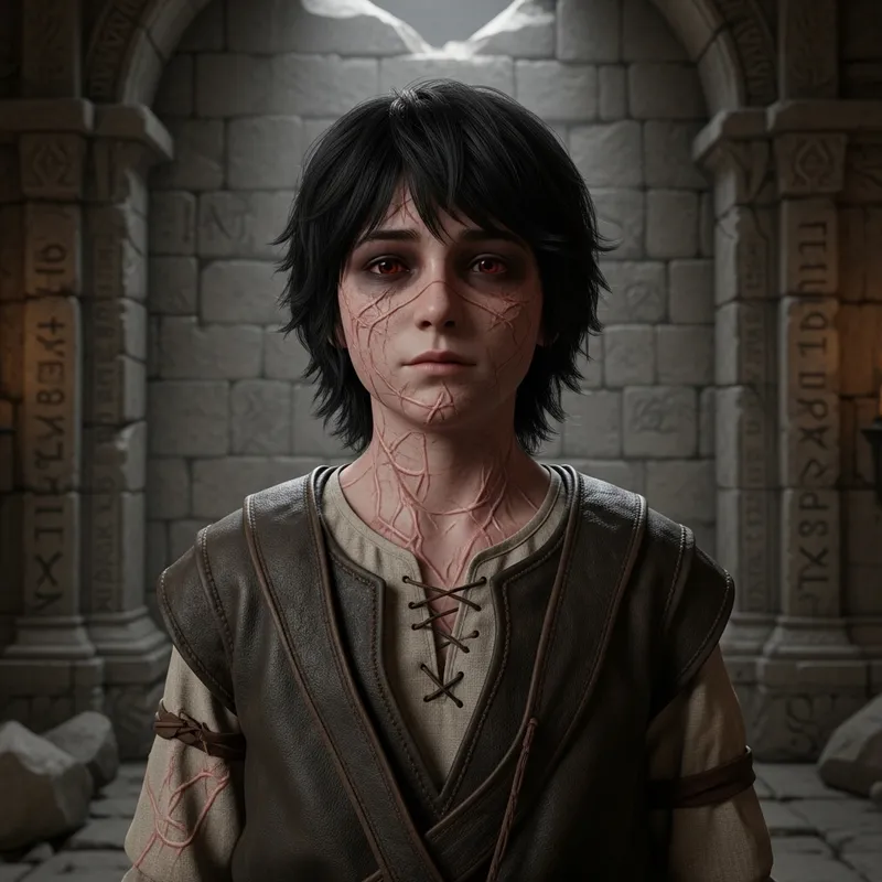 Pale Boy with Dark Red Eyes, Shaggy Black Hair, and Scarred Skin