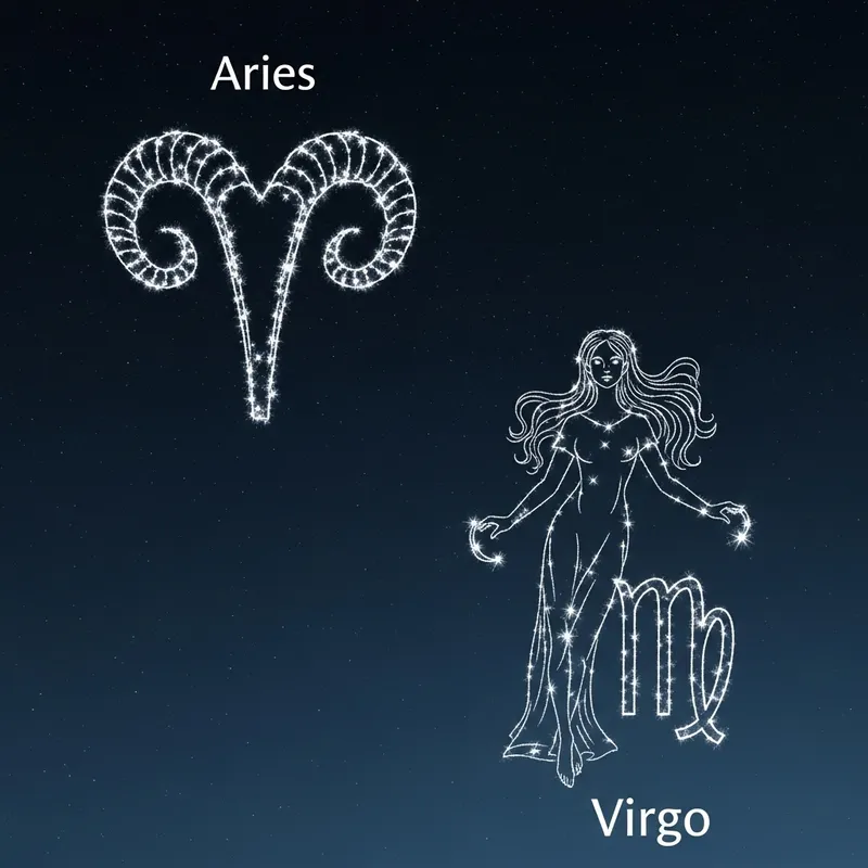 Aries and Virgo Constellations in Night Sky - Stars Description