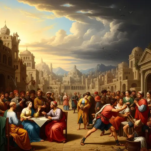 Allegorical Painting on Human Condition in Diverse Ancient Cityscape