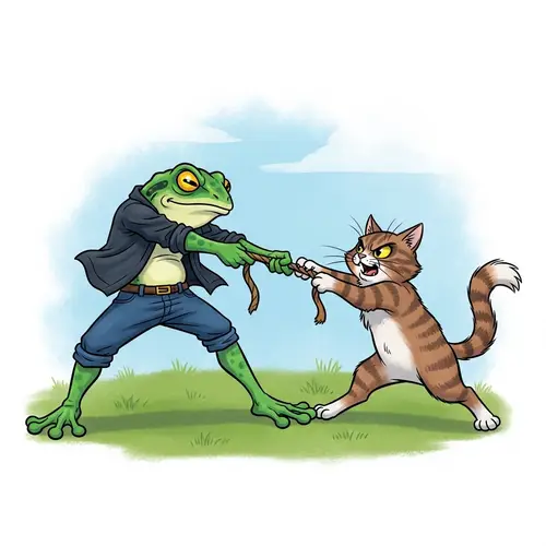 Playful Frog vs. Cat: Humorous Tug-of-War Illustration